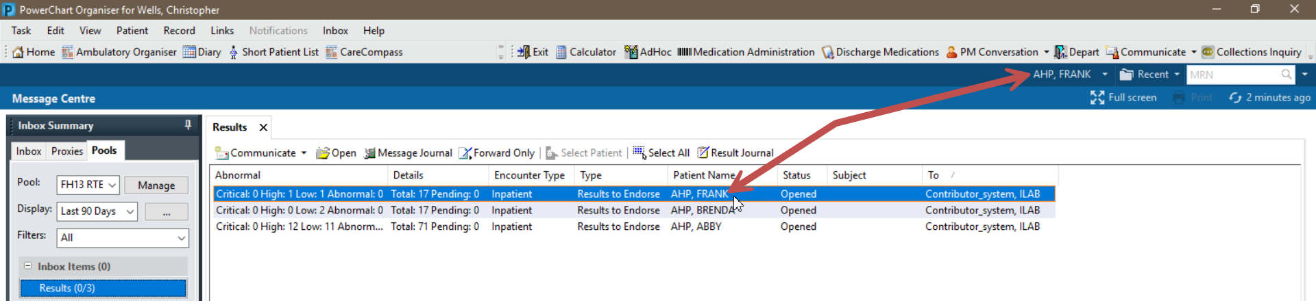 Message Centre interface with arrows pointing to a highlighted patient name in a message, and to button next to the search bar with the same patient name.