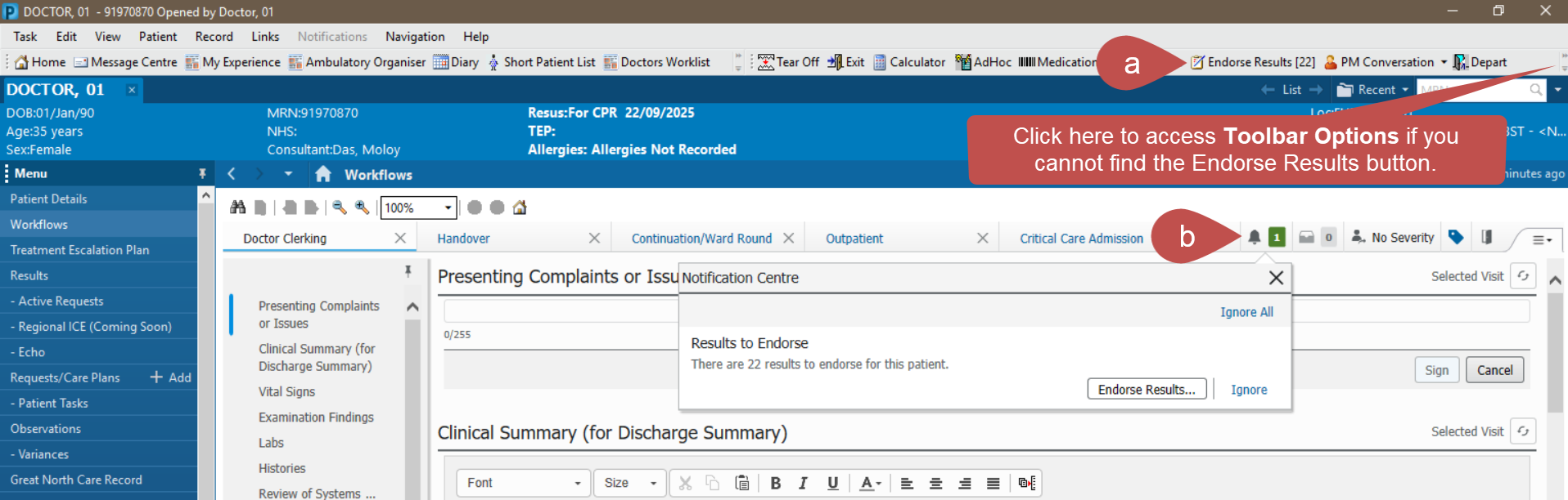 Powerchart interface with arrows pointing to the top bar
